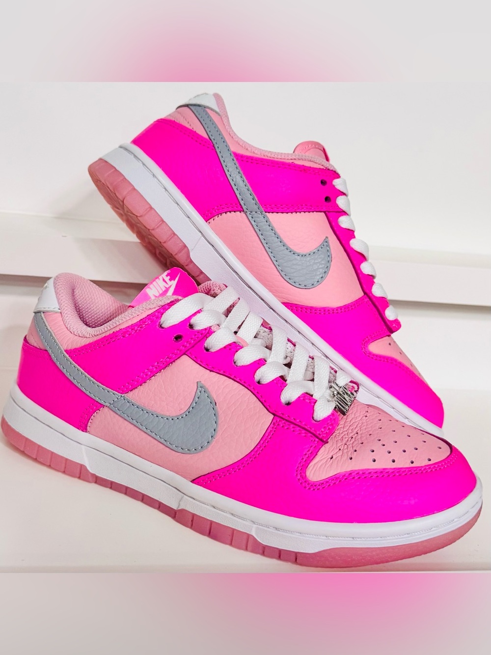 Nike Dunk Low Pink Grey GS 4.5 • Deadstock Clean • Lace Charms • Barbie Pop